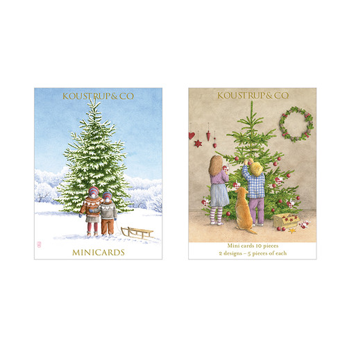 Two Koustrup & Co. mini Christmas cards showing a snowy winter landscape and children decorating a tree.