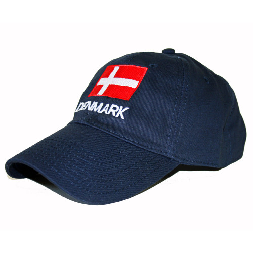 Navy blue cotton baseball cap with embroidered Denmark flag and text on front, angled view.