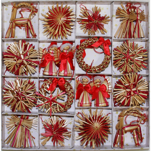 Boxed assortment of 16 straw Christmas ornaments: angels, stars, snowflakes, and goats in red and gold.