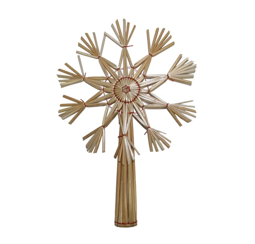 Natural straw snowflake tree topper with red thread bindings and a conical base.
