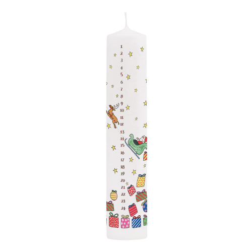 White advent candle with numbered days 1-24, Santa in a sleigh, reindeer, and gifts.