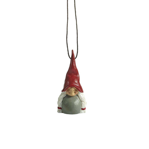 Small Naasgransgarden tomtemor ornament with tall red hat, grey body, and white hair, hanging by string.