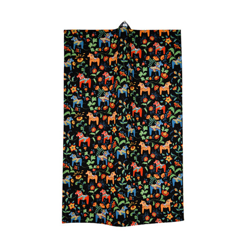 Black kitchen towel with colorful Dalahorses and floral print