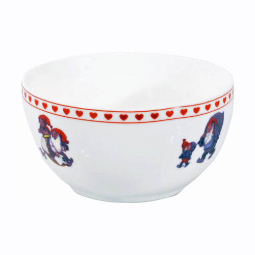 White ceramic bowl with red heart rim pattern and Rolf Lidberg Christmas gnomes.