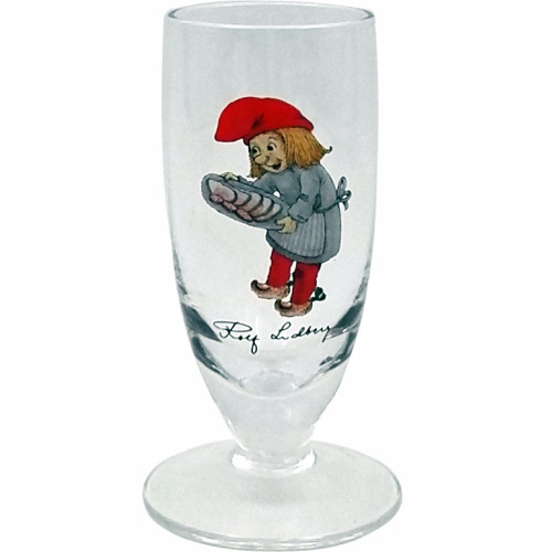 Clear glass schnapps glass featuring an illustration of a gnome holding a tray, signed Rolf Lidberg.