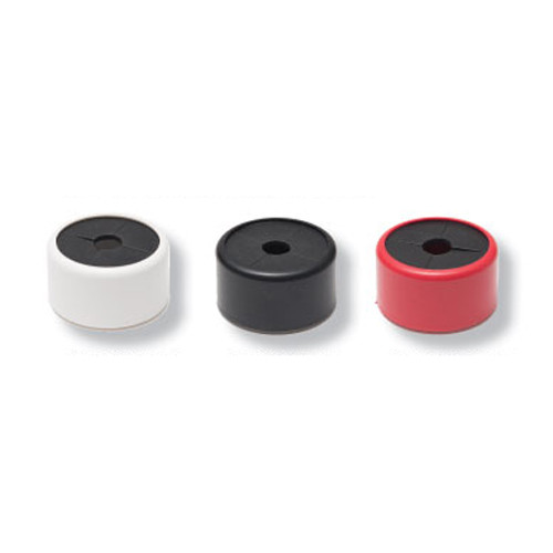 Three round Pluring dishcloth holders in white, black, and red with flexible star-shaped centers.