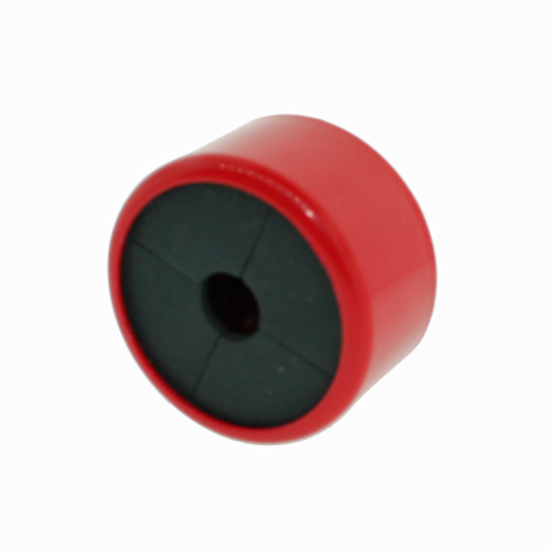 Red cylindrical dishcloth holder angled to show its black flexible gripping membrane.