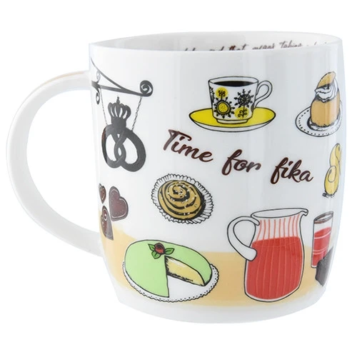 White ceramic mug with "Time for fika" text and food illustrations.