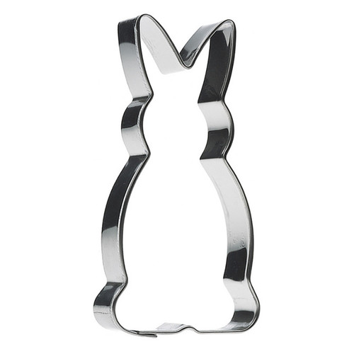 Silver metal cookie cutter shaped like a standing bunny with upright ears.