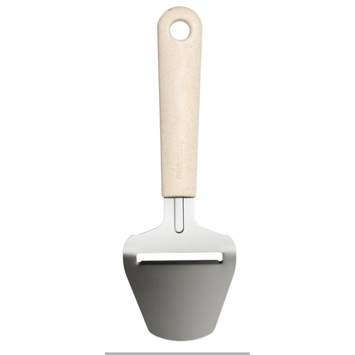 An Orthex cheese slicer with a stainless steel blade and ivory bio-based handle.