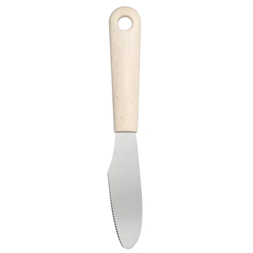 Stainless steel butter spreader with a serrated edge and ivory bio-based handle.