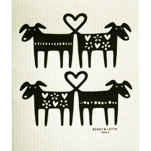 Swedish dishcloth featuring a whimsical black-and-white print of dogs with heart-shaped tails.
