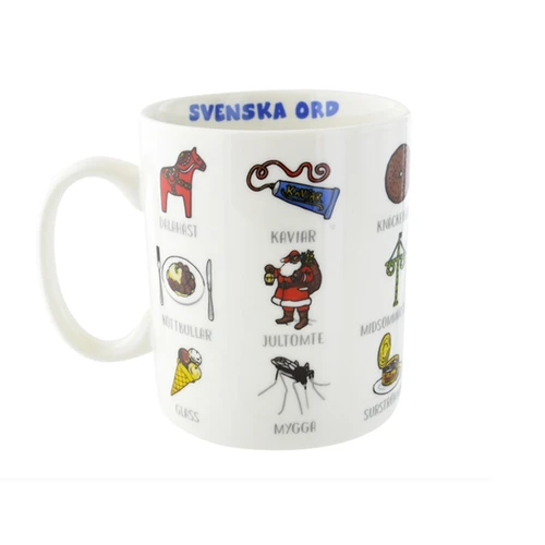 White ceramic mug featuring colorful Swedish cultural illustrations and labels with a handle.