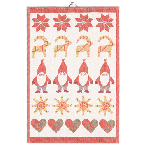 Red and white Ekelund kitchen towel with woven Nordic holiday pattern of gnomes, stars, and hearts.