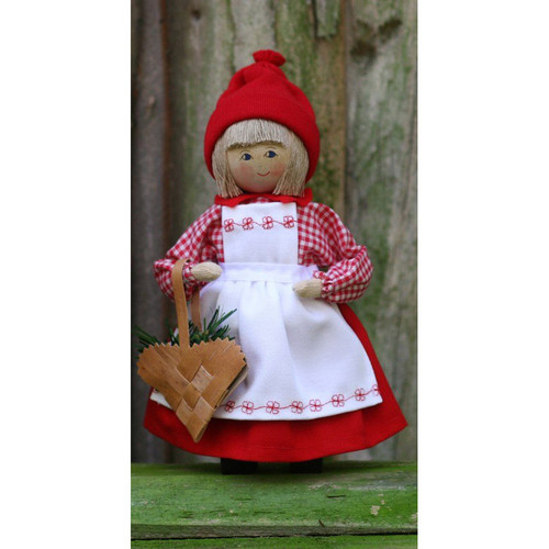 An 8-inch Swedish Tomtemor doll in a red and white dress, wearing a red hat and holding a birch bark heart basket.