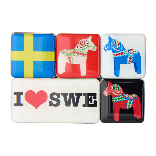 Five assorted acrylic fridge magnets featuring Swedish flags, Dala horses, and "I ❤ SWE".