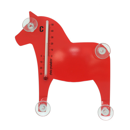 Red Dala horse thermometer with Celsius scale and four clear suction cups.
