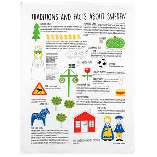 Illustrated Swedish traditions kitchen towel with text on white cotton.