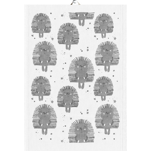 Grey and white organic cotton kitchen towel featuring a repeating hedgehog pattern.