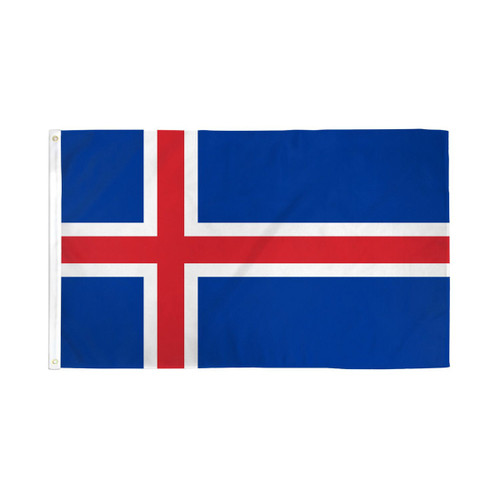 Iceland flag with a blue field, white-bordered red Nordic cross, and two brass grommets on the left canvas header.