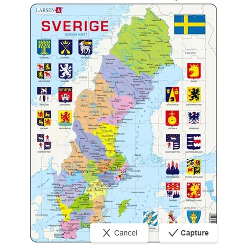 Larsen Sverige puzzle showing a physical map of Sweden with provincial crests.