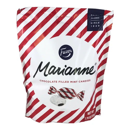 Bag of Fazer Marianne chocolate-filled mint candies. Red and white striped packaging, white center with candy illustration.