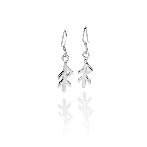 Silver dangle earrings with Energy bindrune design, reflecting on a white surface.