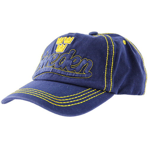 A blue cotton baseball cap with yellow stitching and embroidered "Sweden" text and crowns.
