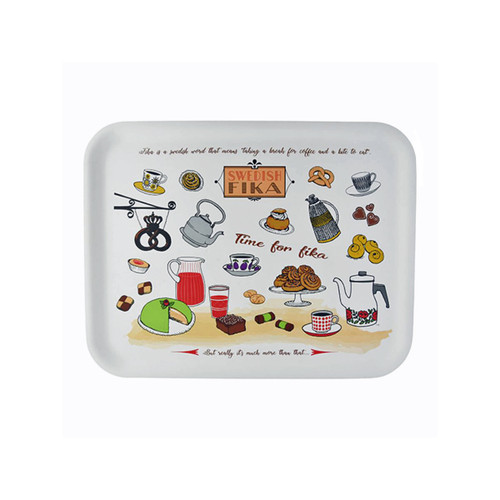 White birch wood serving tray with colorful Swedish fika illustrations and text.