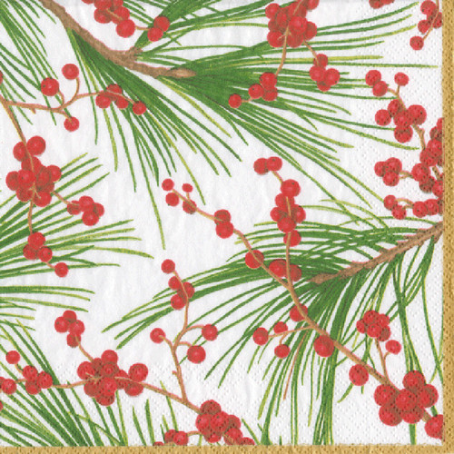 Close-up of Caspari Berries and Pines luncheon napkin with red berries and pine needles.