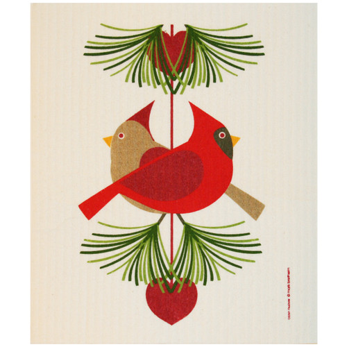 Red cardinal pair design on a beige dishcloth; green pine branches, red hearts.
