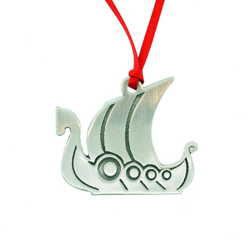 Pewter Viking ship ornament with red ribbon, detailed dragon prow and shields.