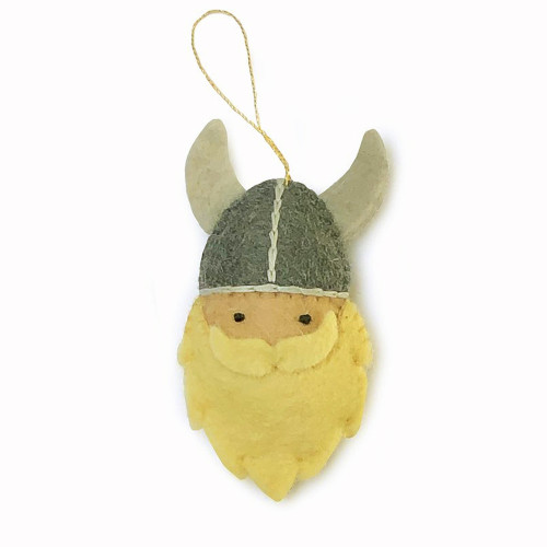 Felt Viking ornament with a grey horned helmet and blonde beard, featuring a hanging loop.