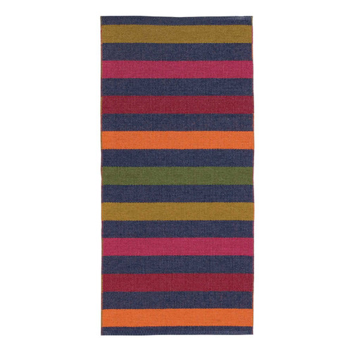 Striped navy, orange, red, pink, and olive green plastic rug.