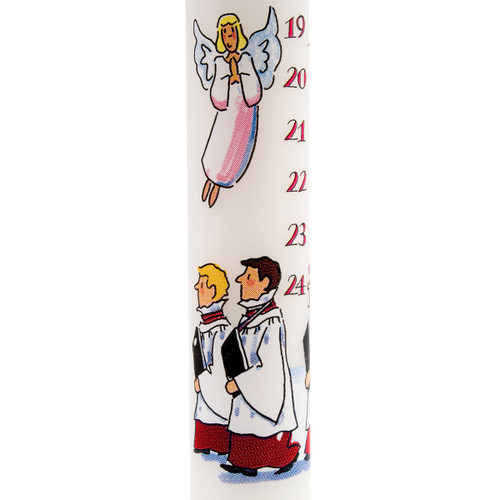 White Advent candle with angel and choir boy illustrations, numbered 19-24, red and black accents.