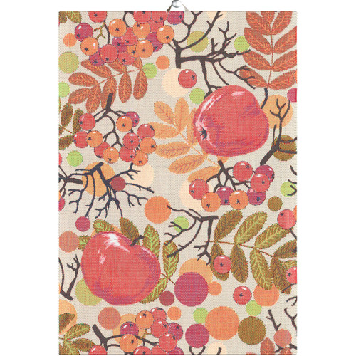 Ekelund organic cotton tea towel with red apples, rowan berries, and leaves on beige.