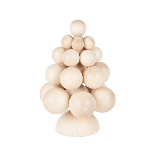 A wooden Aarikka Kuusinen tree decoration made of stacked pale maple spheres on a dome base.