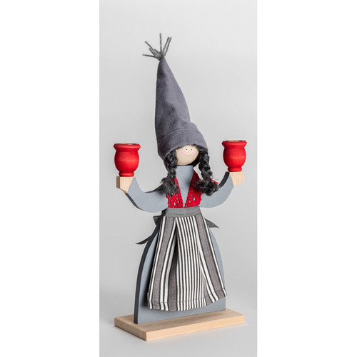 Hand-painted Swedish wooden candle holder shaped like a girl with a grey striped apron and tall hat holding two red cups.