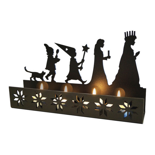 Black metal tealight holder with Lucia procession figures and snowflake cutouts.