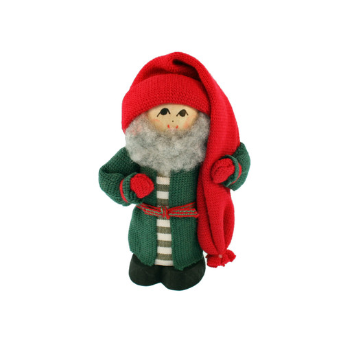 Front view of a Scandinavian Tomte figurine wearing a green coat, red hat, and white beard, holding a red sack.