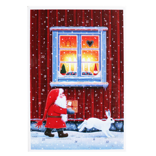 Christmas advent calendar card with a tomte, gift, bunny, and snowy window scene.