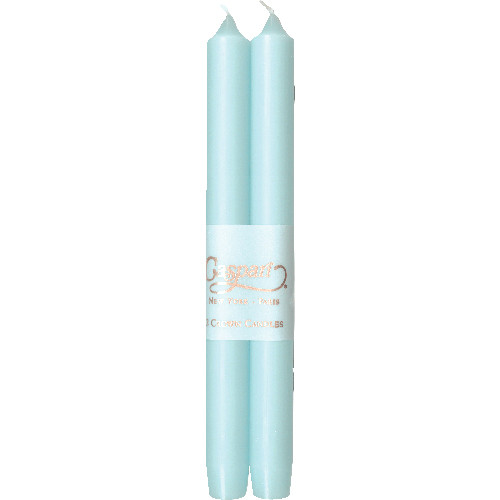 Two 10-inch aqua blue taper candles bound together by a white Caspari paper band.