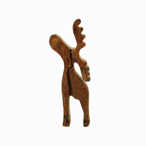 Wooden moose figurine with bark-edge details, viewed from the front against a white background.