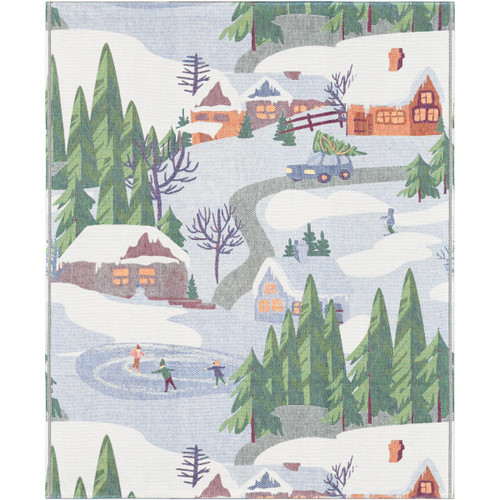 Woven winter landscape throw blanket with snowy villages and trees in blue and green.