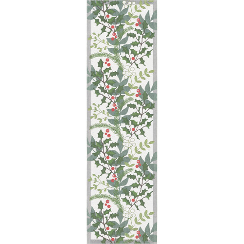 Vertical view of a woven table runner with a repeating pattern of green holly leaves and red berries.