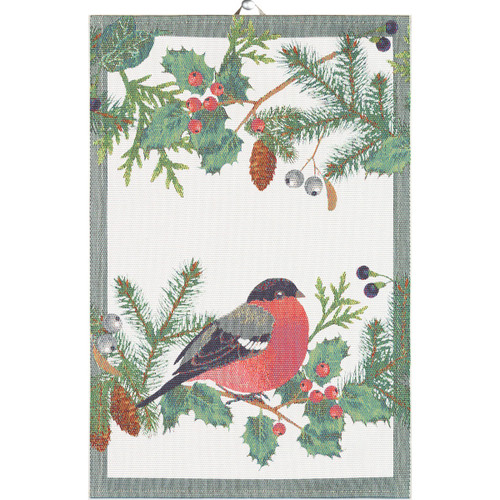 Ekelund kitchen towel with a red-breasted bullfinch, pine branches, and holly berries on a white background.