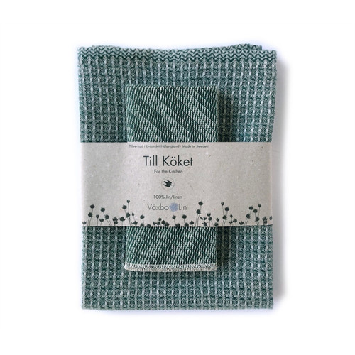 Vaxbo Lin Linen "Bubbel" Towel & Dishcloth Set - Moss Green 