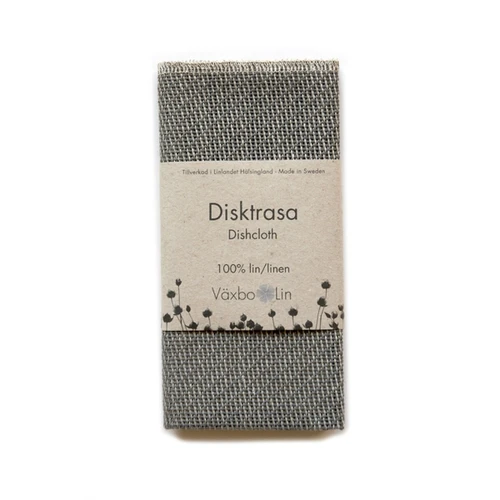 Graphite 100% linen dishcloth with woven texture and Swedish text.
