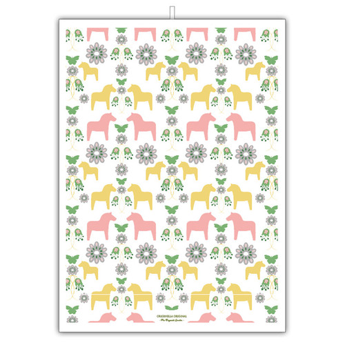 White linen tea towel with pastel Swedish Dalahorse motif in pink and yellow.