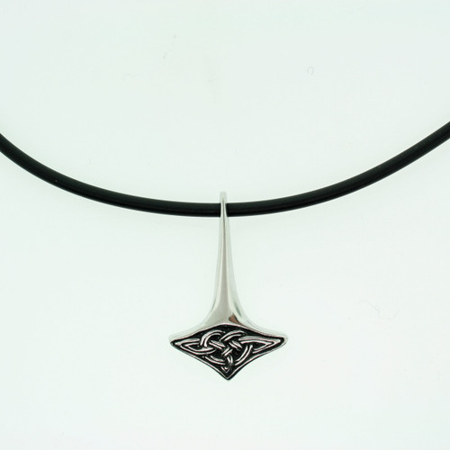 Silver Thor's Hammer pendant with Celtic knot design, on a black rubber necklace.
